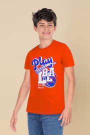 Boys Orange Regular Fit Printed Crew Neck T-shirt