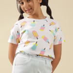 Girls White Printed Casual T-shirt