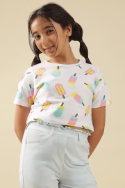 Girls White Printed Casual T-shirt