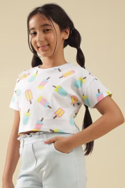 Girls White Printed Casual T-shirt - Image 4