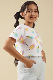 Girls White Printed Casual T-shirt - Image 5